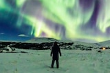 A figure stands in the snow, while green and purple lights streak the night sky, forming the shape of a dragon's head.