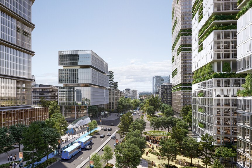 Depiction of Metro Plaza with high-rise buildings and green trees