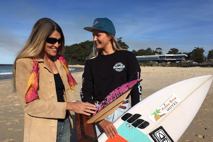 Pam Burridge with junior surfer, Sophia Fulton