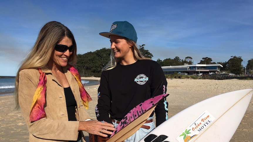 Pam Burridge with junior surfer, Sophia Fulton