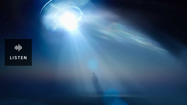 Illustration: Man standing in beam of light from UFO. Has Audio