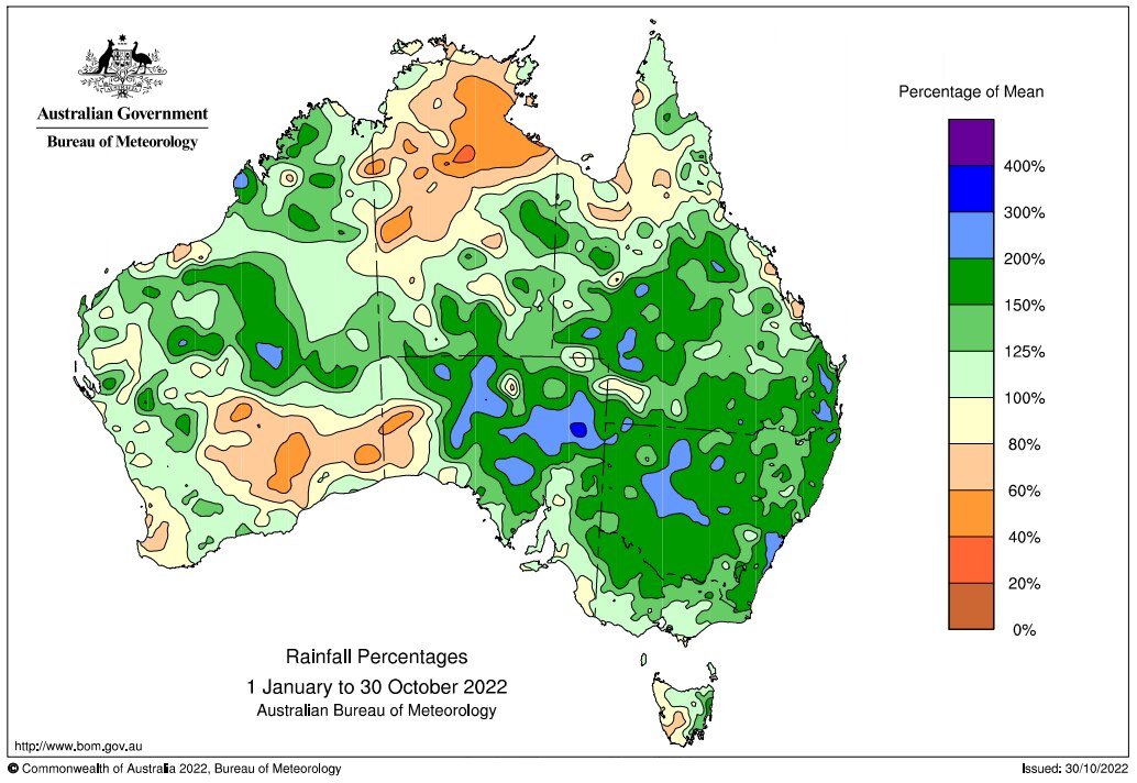 Map of Australia green covering most of eastern Aus indicating over 100% of rain has already fallen