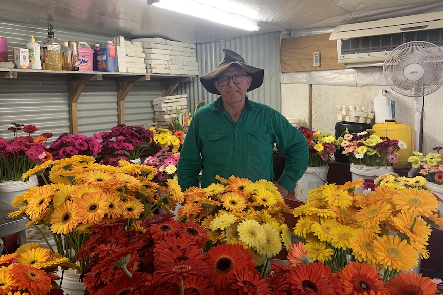 Farmer in worn old akubra in a shed surrounded by yellow orange red and pink flowers