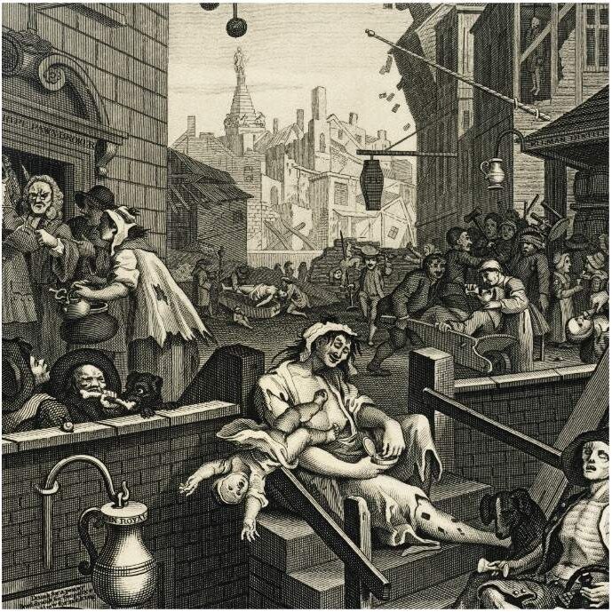 Paintings depicting a happy 'Beer Street' and an unhappy and miserable 'Gin Lane', by William Hogarth