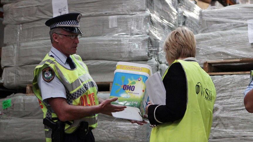 NSW Police investigating a counterfeit washing-powder racket in Sydney seize 40 tonnes of fake powder in Botany, Oct 17 2012.