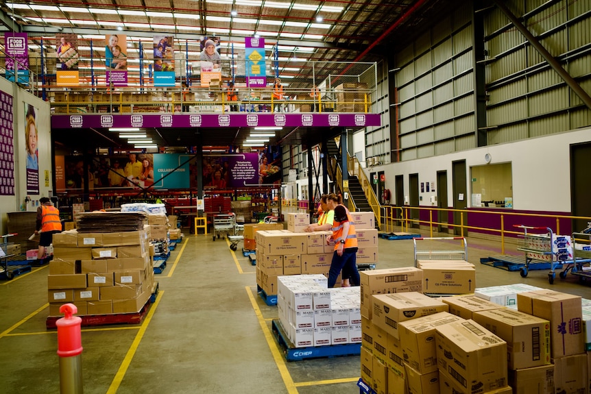 Packages of food inside a warehouse.