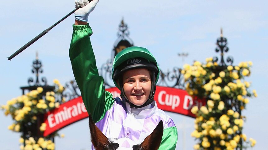 Michelle Payne on Prince Of Penzance returns to scale after winning the Melbourne Cup