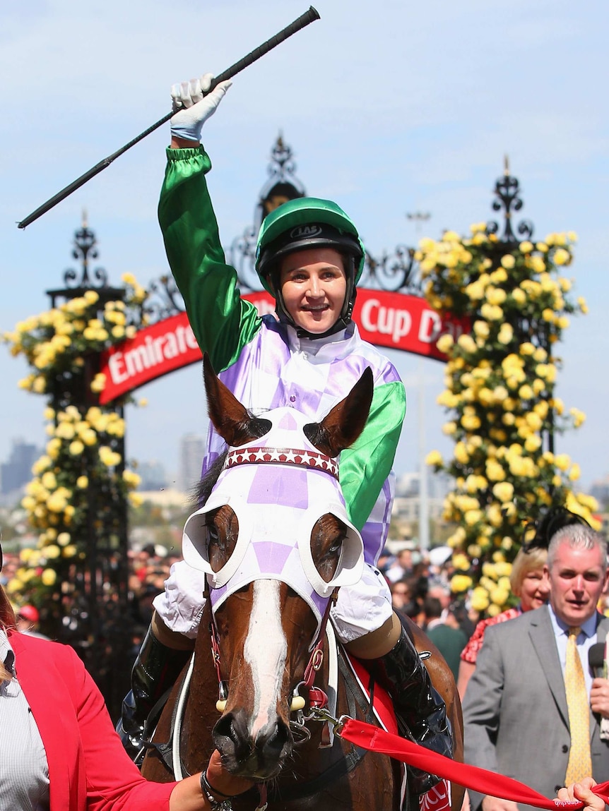 Michelle Payne on Prince Of Penzance returns to scale after winning the Melbourne Cup