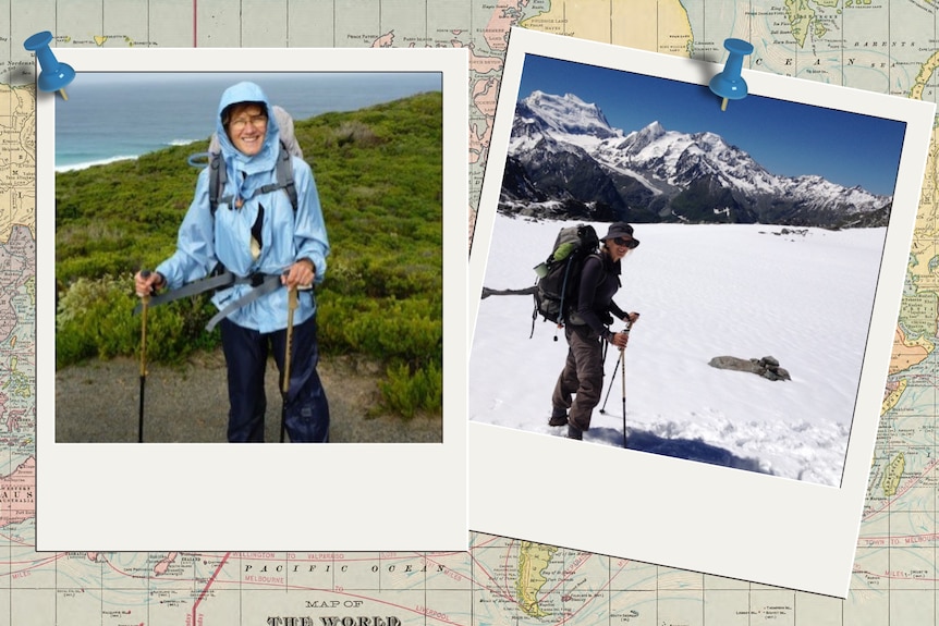 Two polaroids on a background of an old map. Both show a woman hiking outdoors. 
