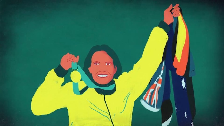 Computer graphic image of Cathy Freeman holds gold medal and Australian flag