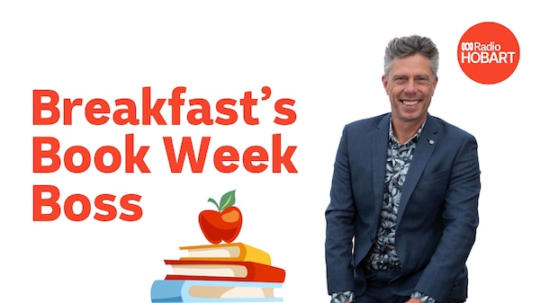 ABC Radio Hobart presenter Ryk Goddard next to graphic of books