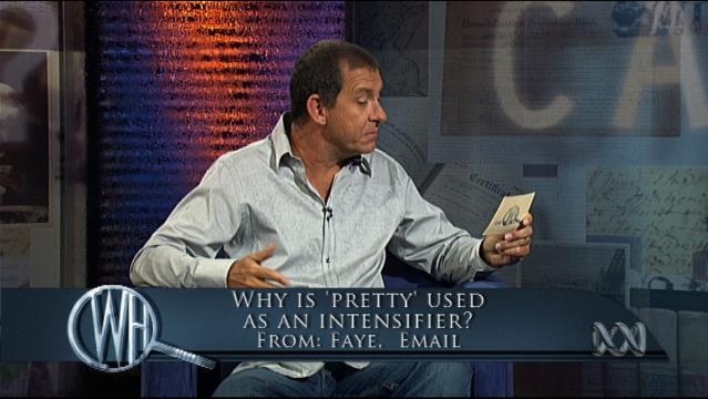 Presenters sit on set, text overlay reads "'Why is 'pretty' used as a intensifier'?"