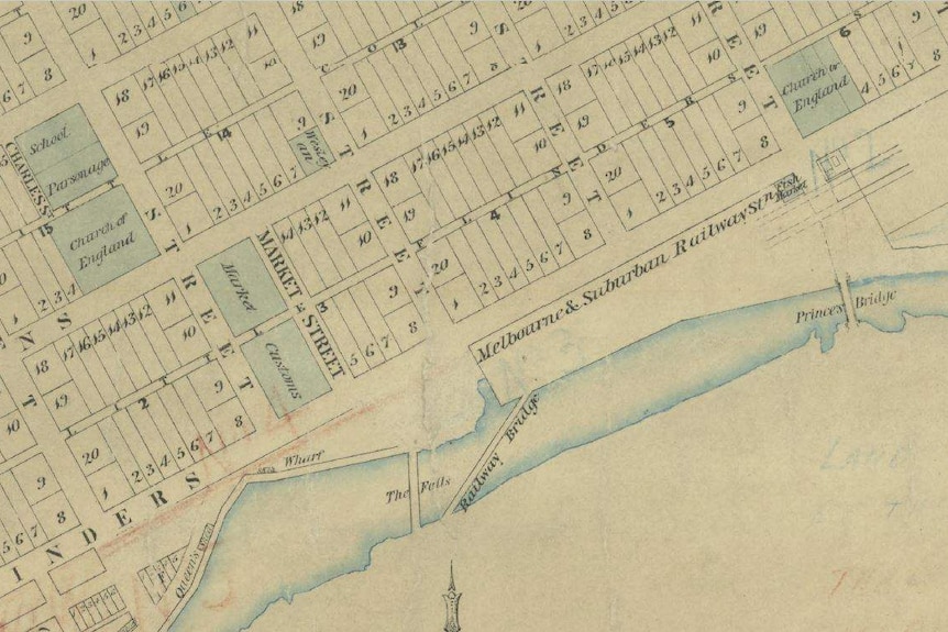 A close up of a hand-drawn map of a city grid, street name reads 'Little Flinders Street'.