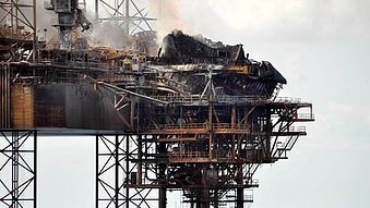 The burnt out remains of the platform and facilities on the West Atlas oil rig