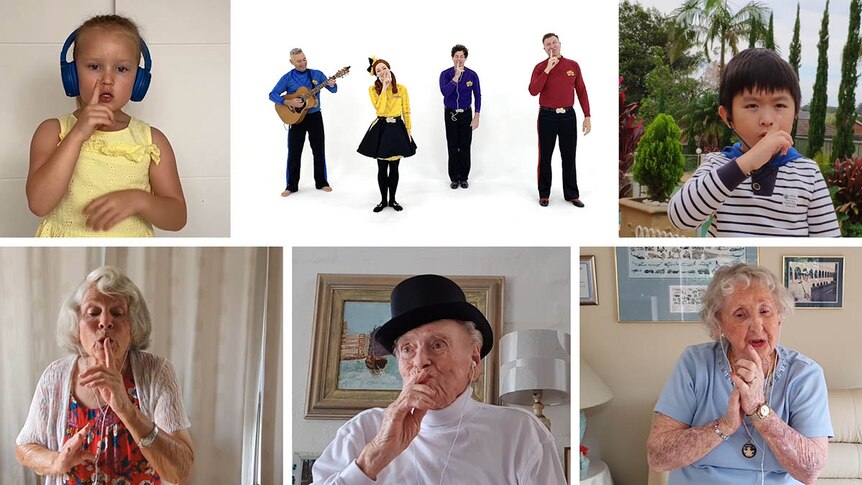 Various photos of cast members from Old People's Home for 4 Year Olds as well as The Wiggles doing moves to Rock-A-Bye Your Bear