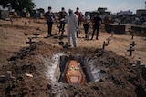 A cemetery worker stands before the coffin of a COVID-19 victim.