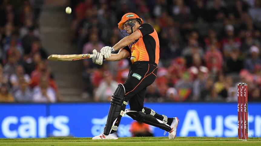 Perth Scorchers Captain Mitch Marsh skies a shot during a Big Bash League match at the WACA.