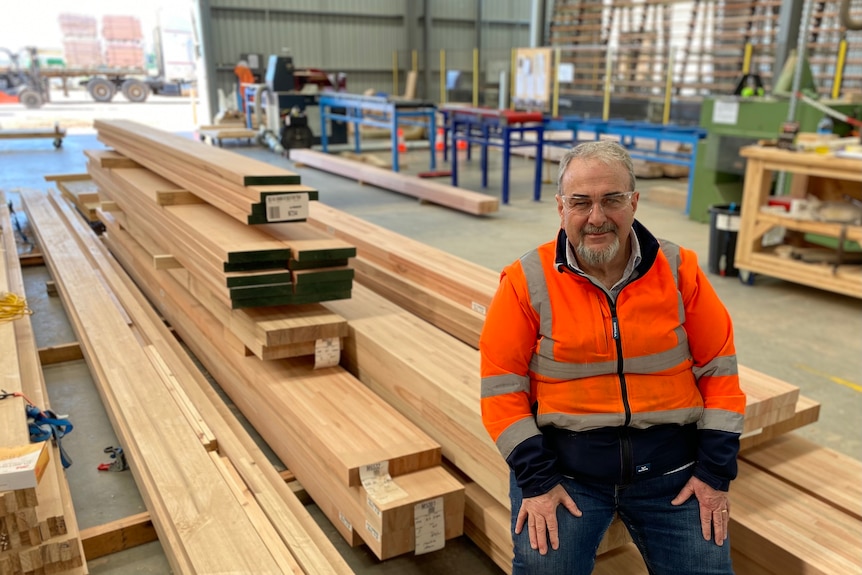 Operation manager of CUSP's Wynyard factory Michael Lee sits on a stack of niten planks in a busy workshop.