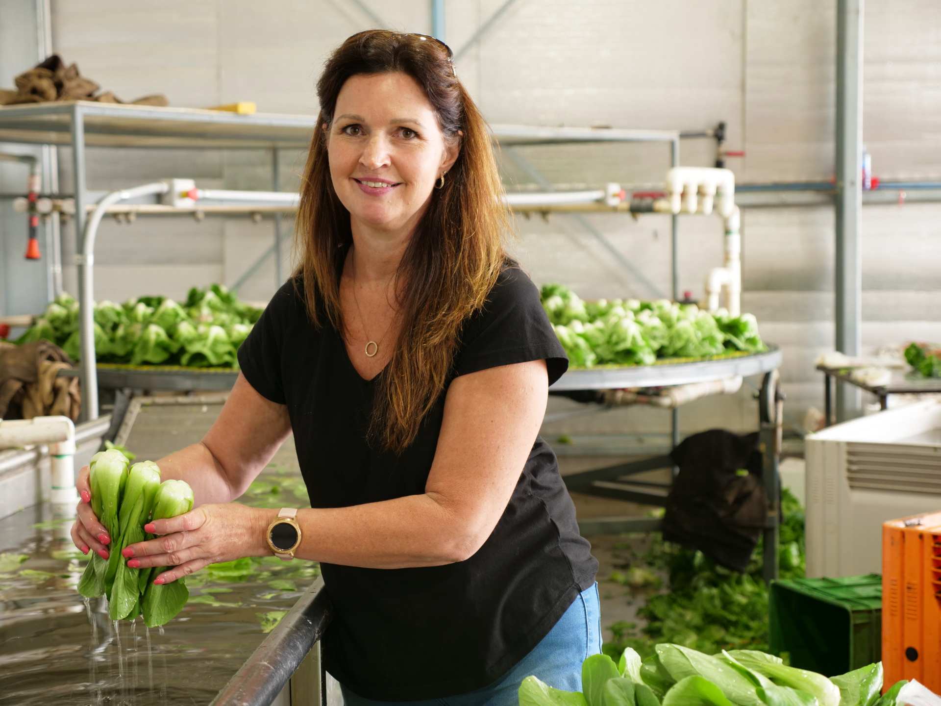 A woman washes vegetables in a factory.