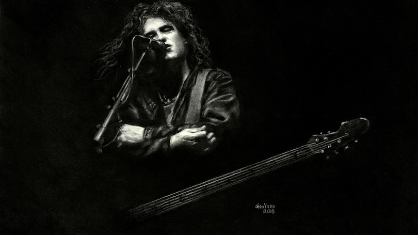 black and white drawing of robert smith in 2018. He's behind the mic singing on stage. 