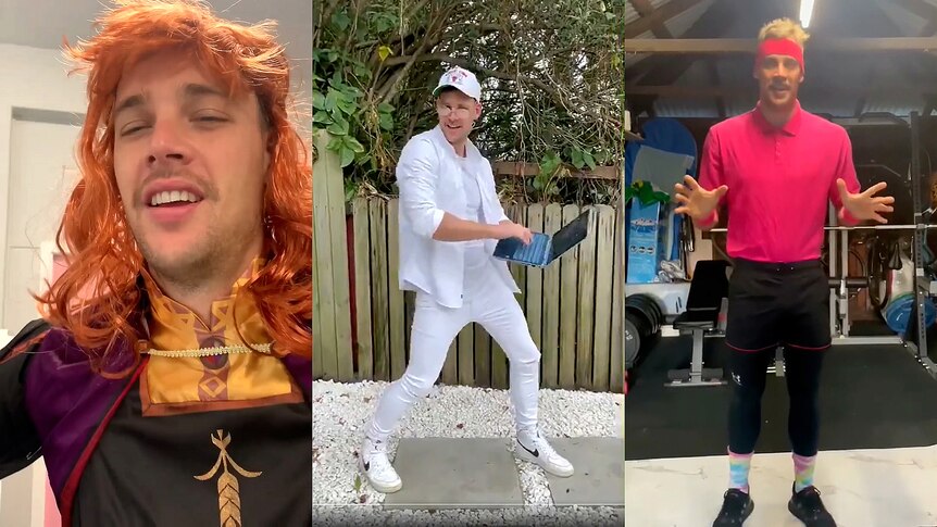 A montage of three screen captures from three different videos showing teacher Brendan Jackson in costume on Zoom