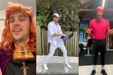 A montage of three screen captures from three different videos showing teacher Brendan Jackson in costume on Zoom