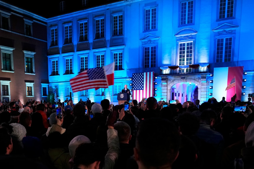 US President Joe Biden delivers a speech at the Royal Castle in Warsaw.