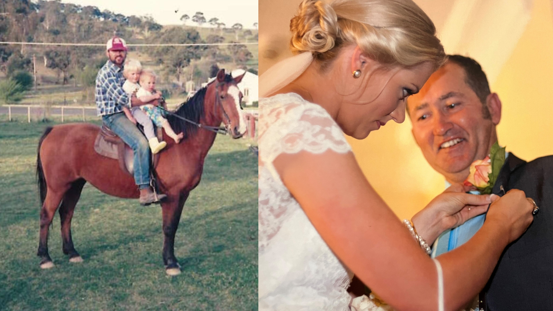 Composite image, two kids on a horse with dad standing next to them plus bride pins flower on dad's jacket