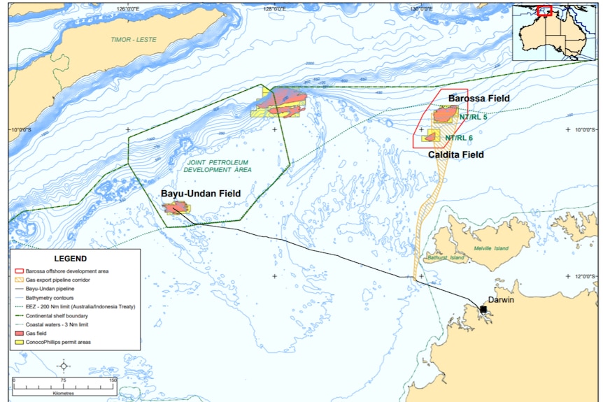 a map showing Australia and the Timor Sea with the location of the Bayu Undan and Barossa gas fields.