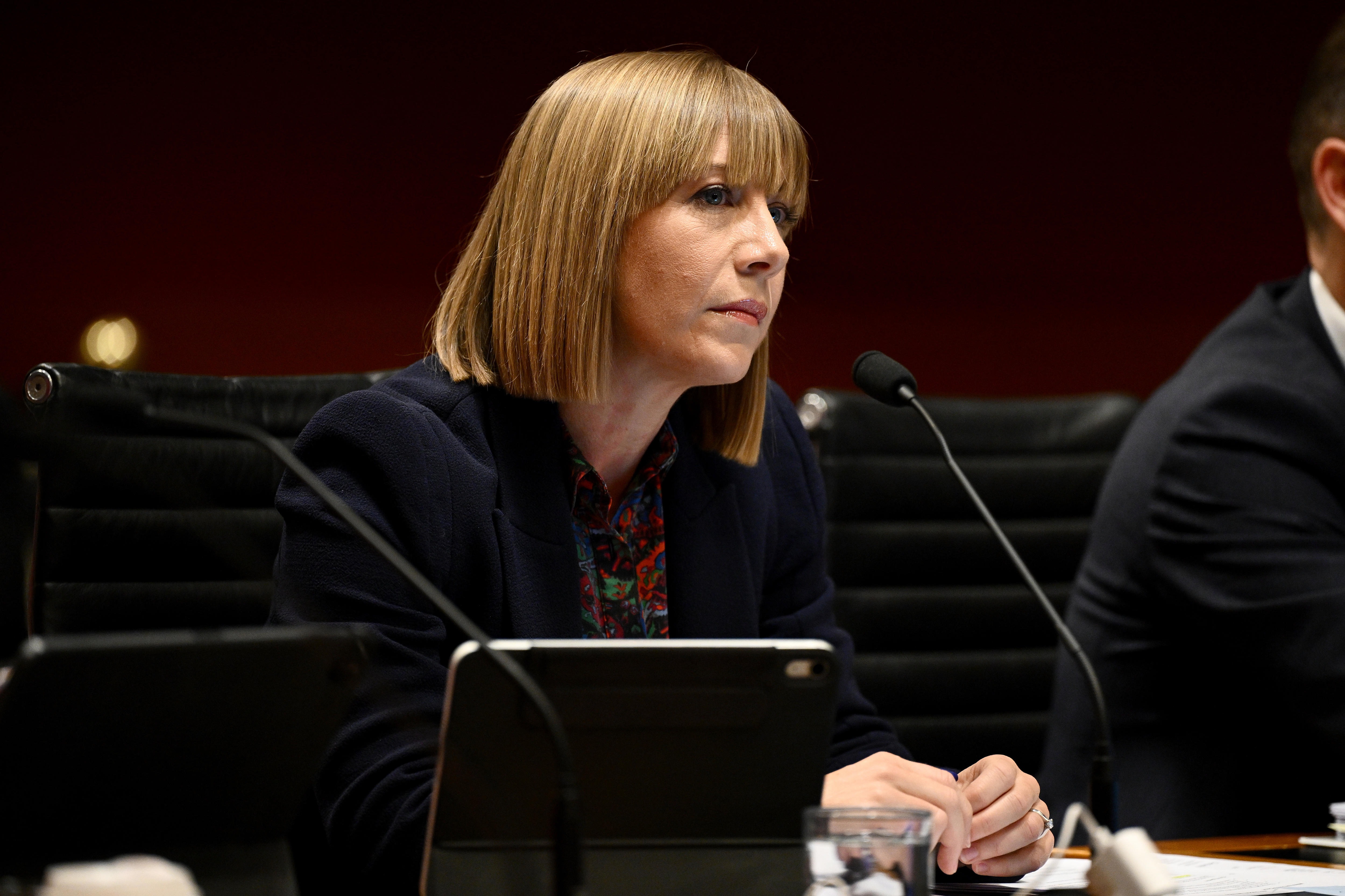 Transport Minister Jo Haylen in front of a microphone 