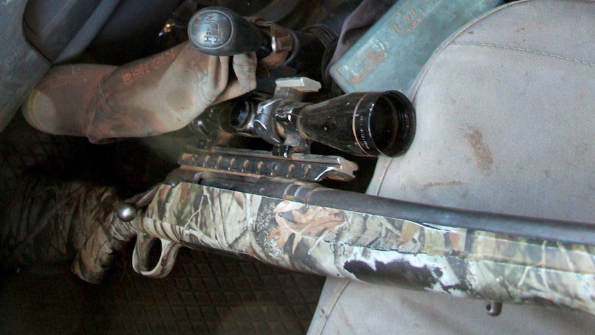 Don Sallway's rifle sits beside him in his ute.