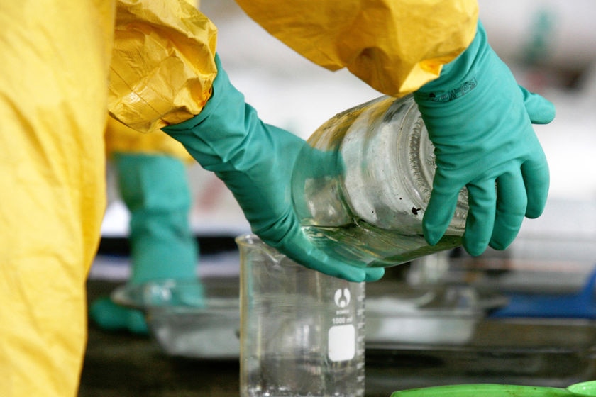 Testing chemical from a suspected drug lab.