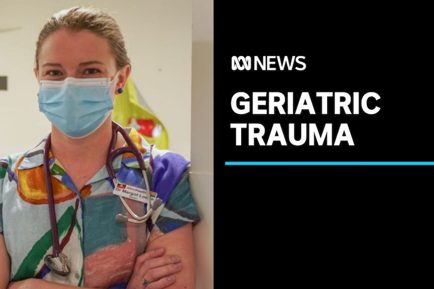 Geriatric Trauma: A nurse with mask and colourful scrubs.