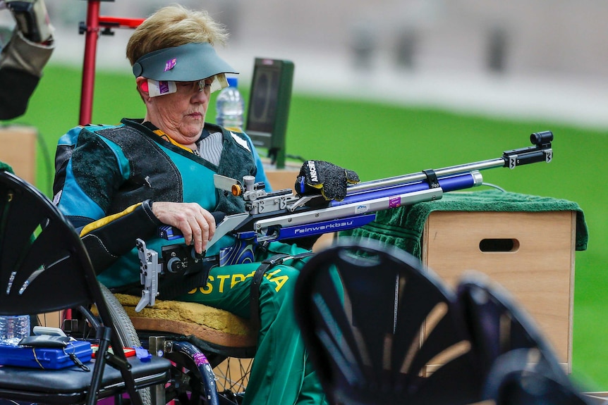Libby Kosmala prepares too shoot at the 2012 London Paralympic Games
