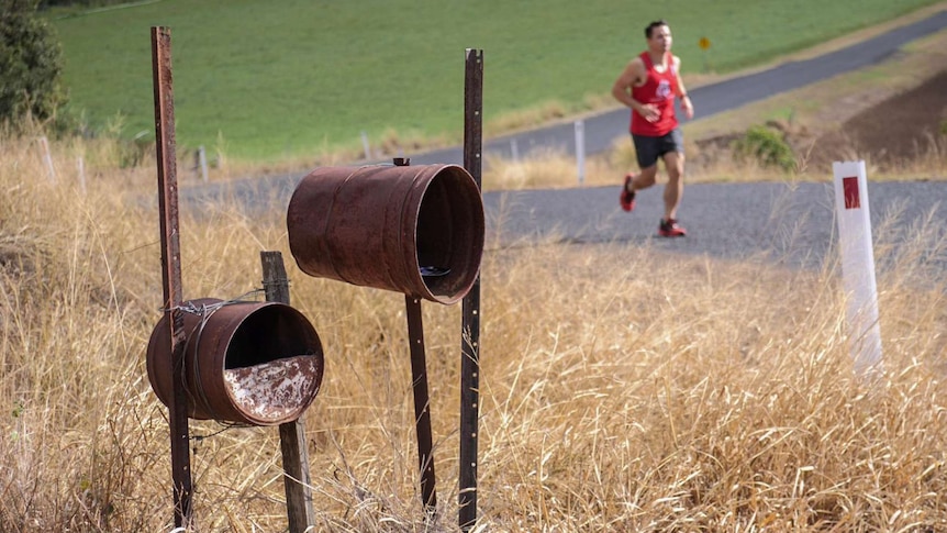 A man runs behind rusty rural letterboxes