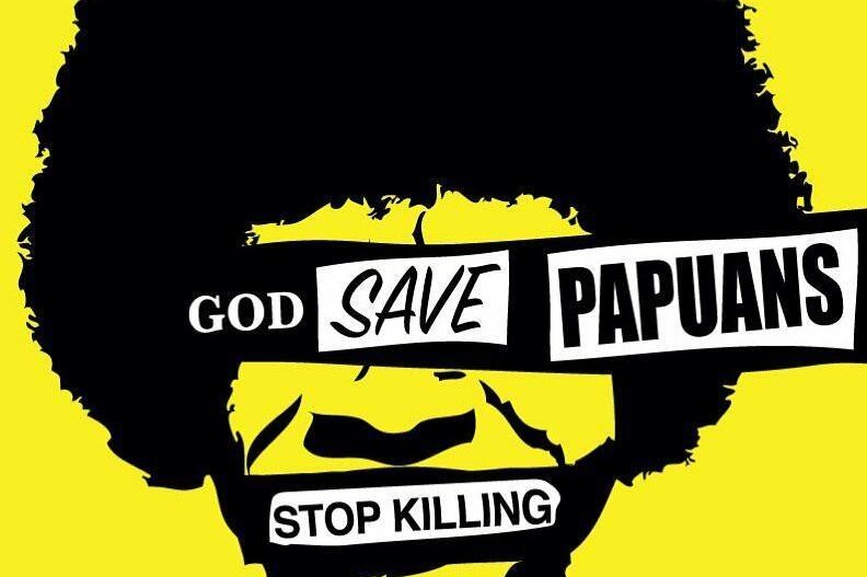 A silhouette of a man's head is shown in front of a yellow background with text that reads "God save Papuans, stop killing".