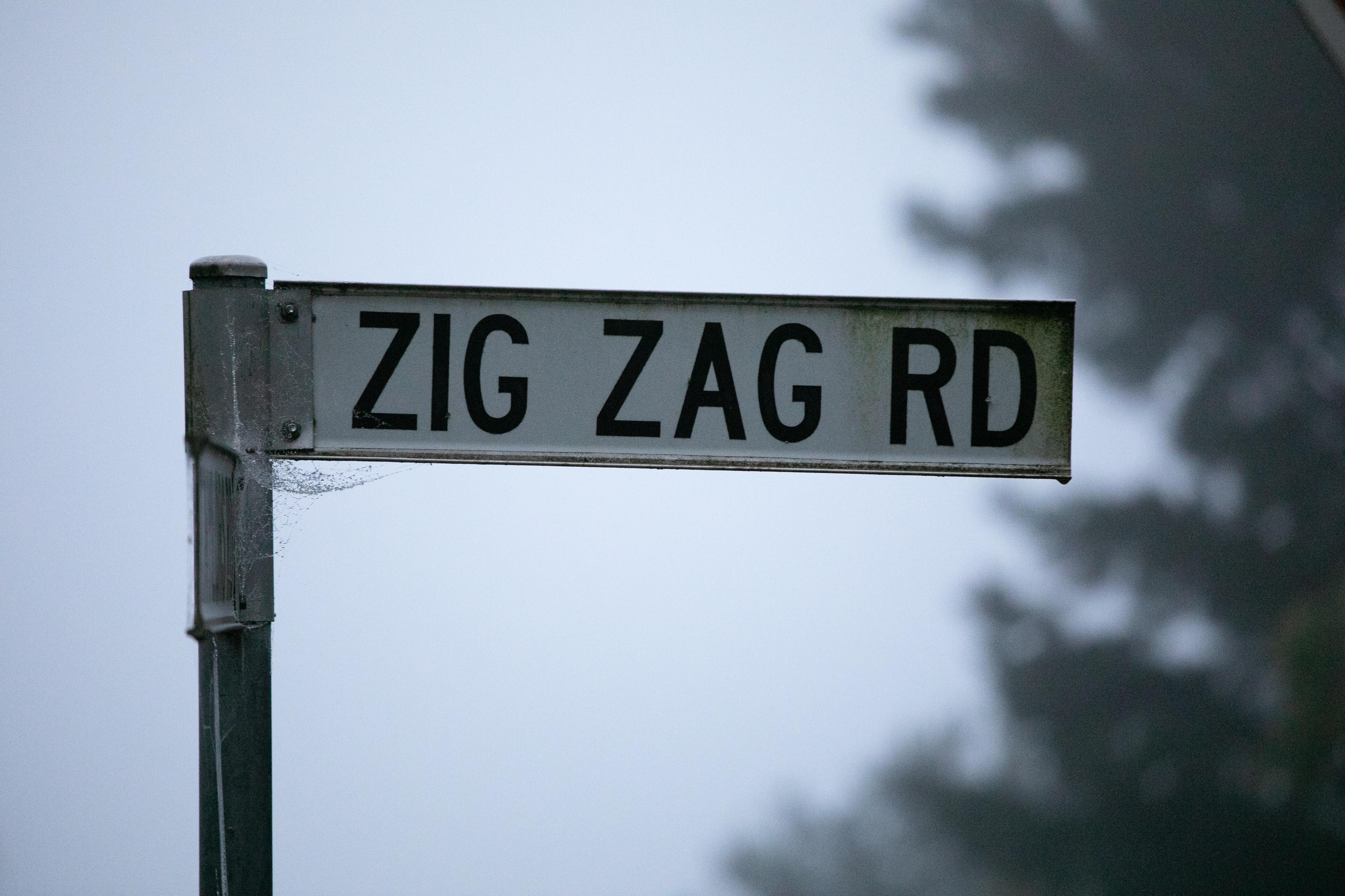 A close-up shows a street sign named ZIG ZAG RD. The sky behind is grey