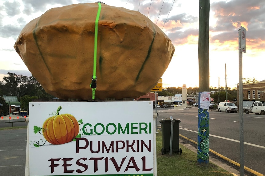 roadside sign that reads 'Goomeri Pumpkin Festival - last Sunday in May' next to a big orange pumpkin sculpture