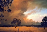 Smoke in the sky above a small town.