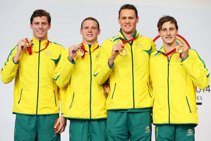 Australia's 4x200m freestyle relay team with their gold medals