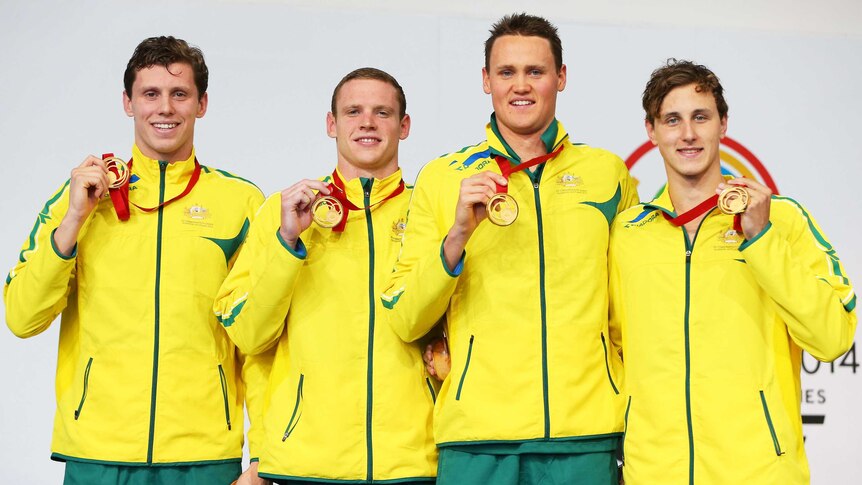 Australia's 4x200m freestyle relay team with their gold medals