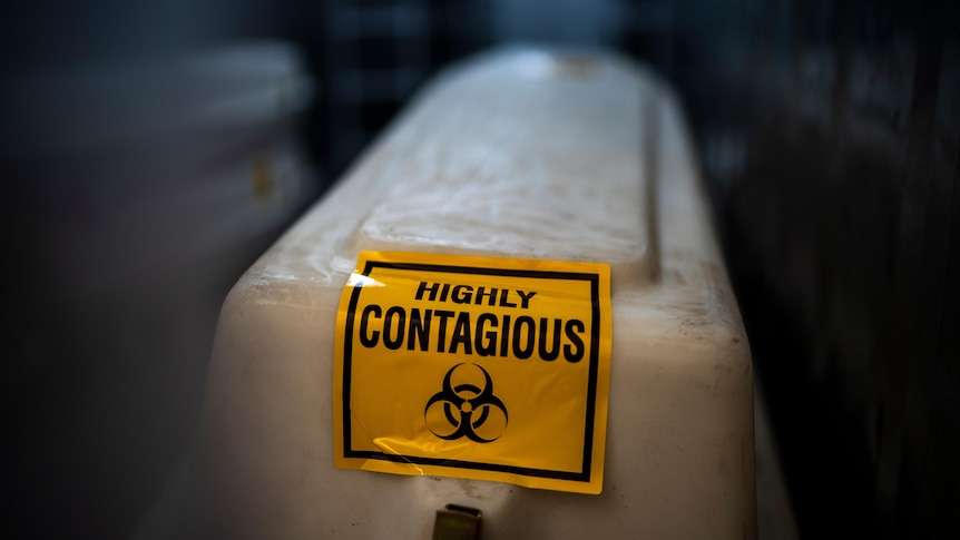 A sealed coffin containing a COVID victim reads 'highly contagious'