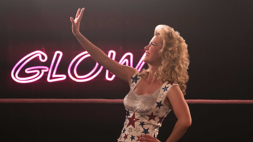 Actor Betty Gilpin in character as wrestler Liberty Bell in the TV show Glow