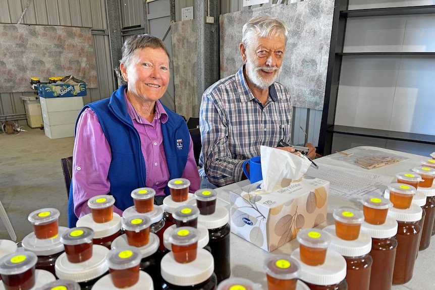 A man and woman sit at a table judging many containers of honey.