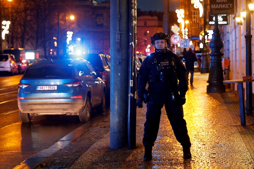 A heavyset police officer in dark blue riot gear and a helmet blocks a cobblestone footpath at night.