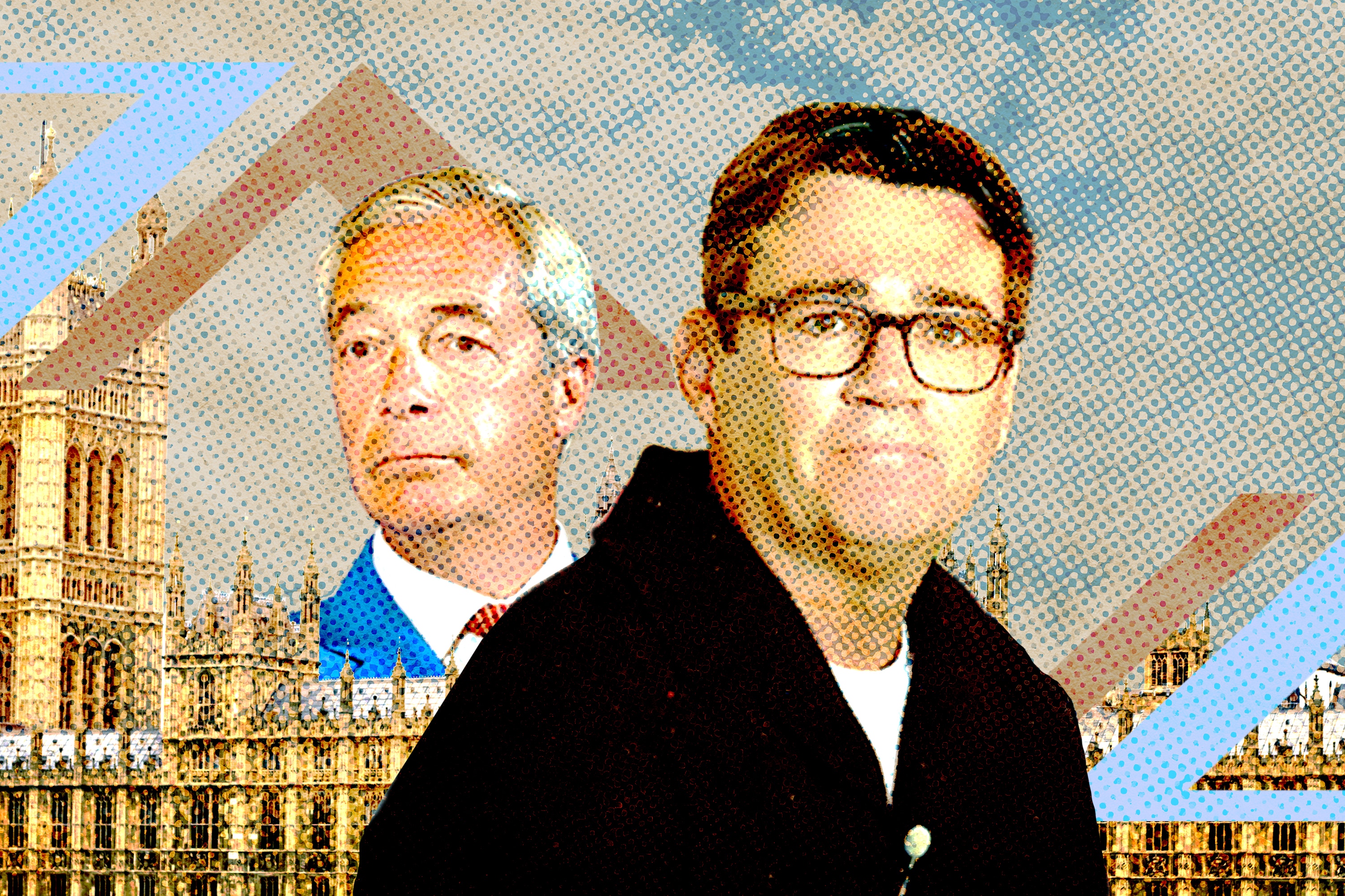 Graphic image showing UK prime minister Andy Burnham and Reform leader Nigel Farage with Britain's houses of parliament behind