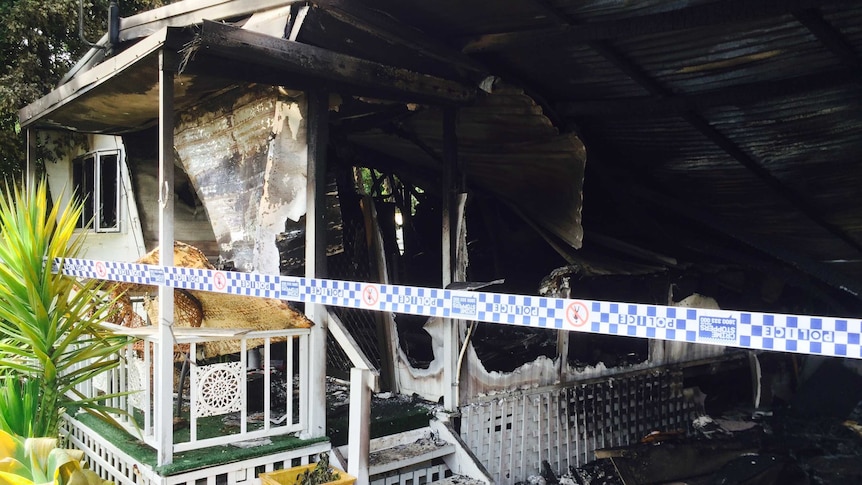 A mobile home in the Lighthouse Beach Holiday Village in Port Macquarie destroyed by fire.