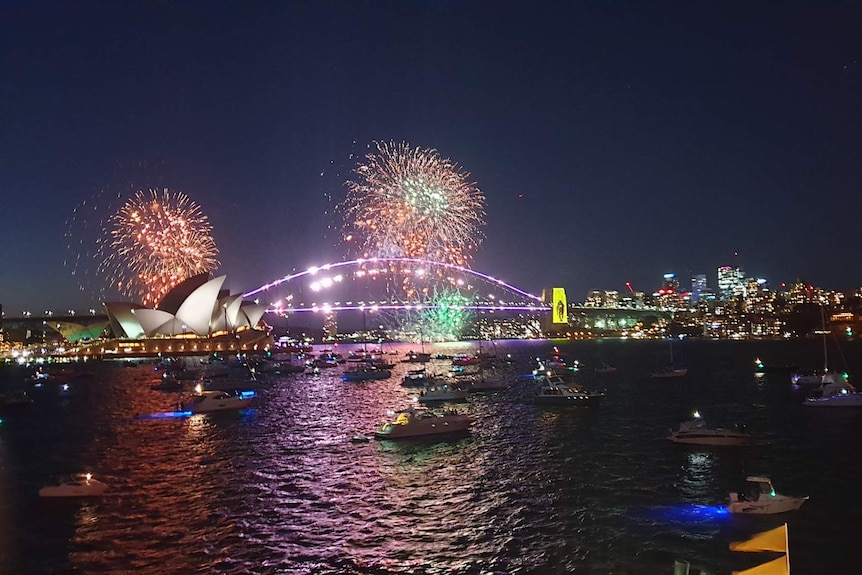 Fireworks display over Sydney Opera House and harbour