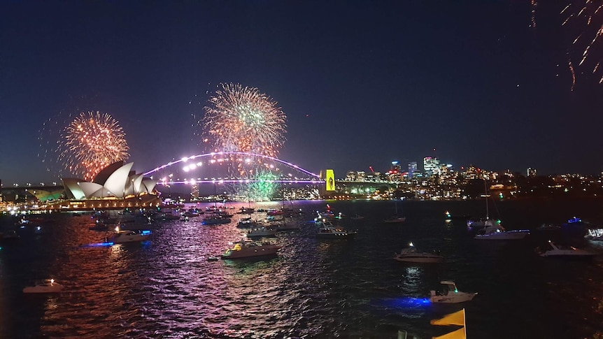 Fireworks display over Sydney Opera House and harbour.