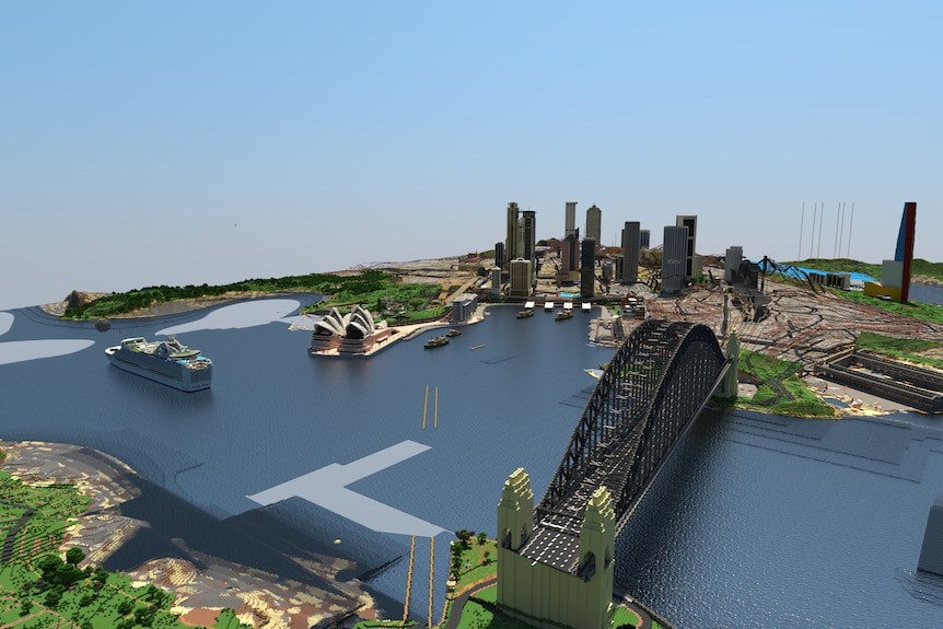 An uncompleted Sydney harbour created in Minecraft.